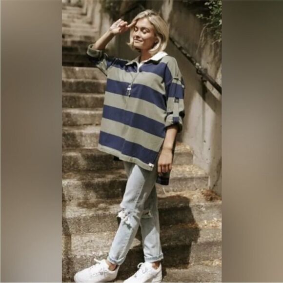 Free People NWT Peyton Rugby Tee in Army Navy Combo Size XS - Picture 4 of 13